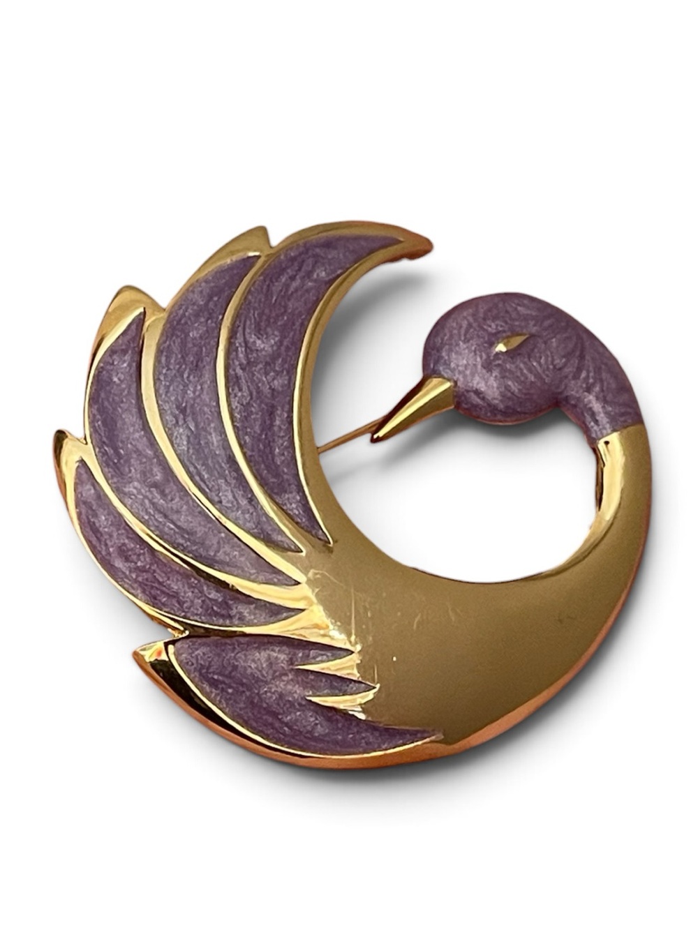 1980’s Orena Paris Gold-Plated Shimmering Purple Enamel Swan Brooch